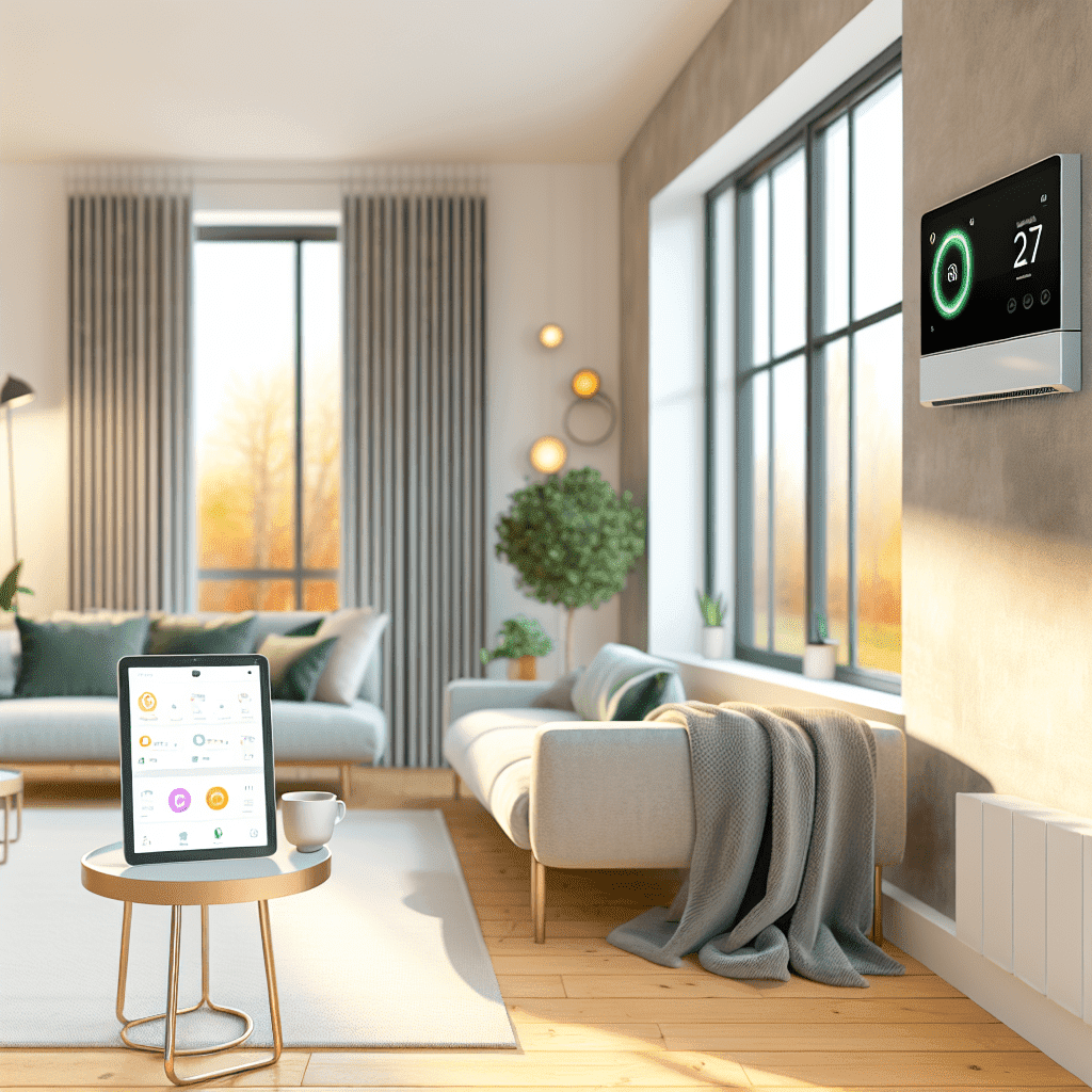 Image illustrant un système de domotique pour le chauffage : un thermostat connecté moderne contrôlé par une application mobile, symbolisant l'automatisation et l'optimisation énergétique, avec une maison en arrière-plan évoquant confort et économie écologique.