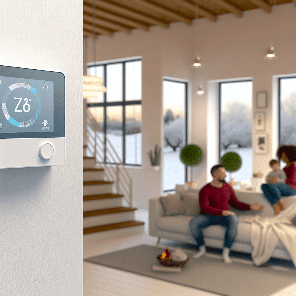 Thermostat intelligent avec écran tactile affichant la température ambiante et les réglages personnalisés, installé sur un mur moderne. Optimisation de la consommation énergétique grâce à la régulation électronique et à la sonde extérieure, offrant un confort thermique efficace et des économies d’énergie.